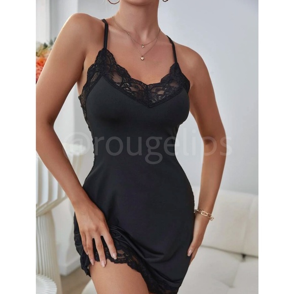 Black Night Gown Slip Cami Dress Lace Detailed Cut Out Back Short - Picture 6 of 8